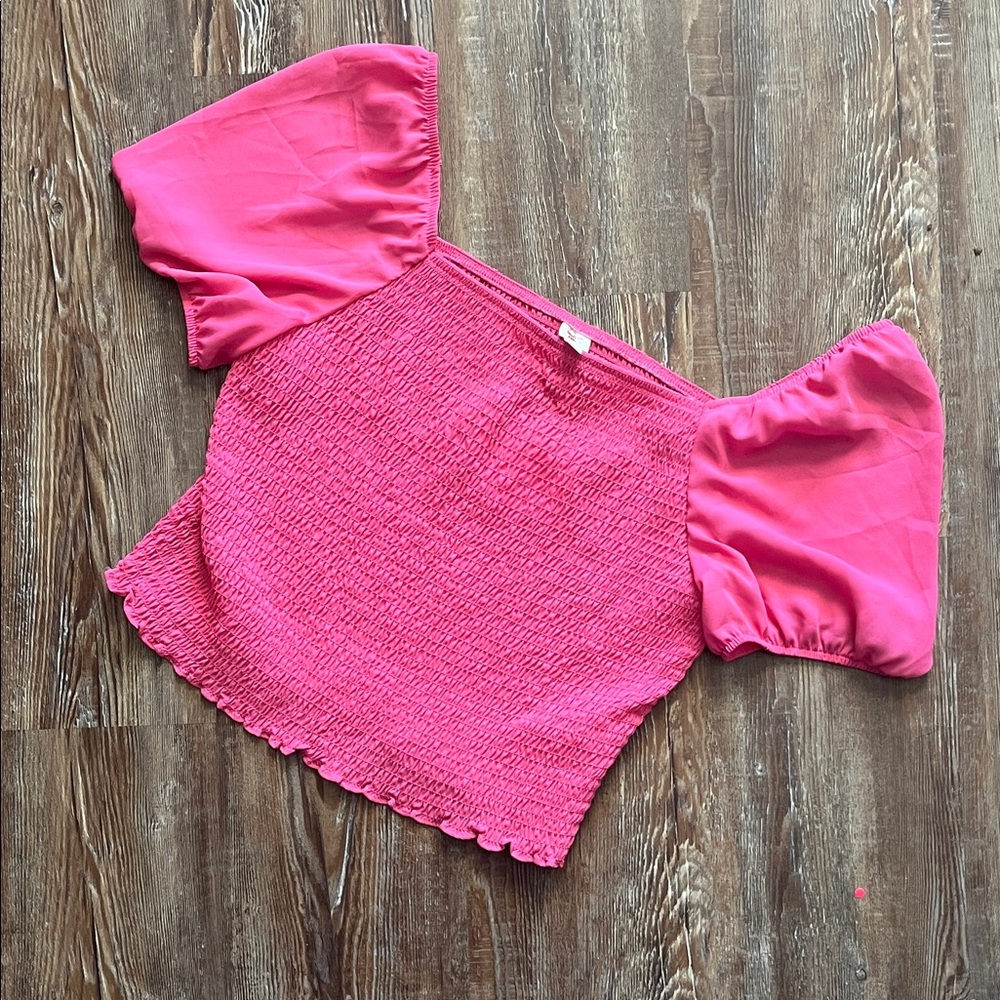 Autres Filles Hot Barbie Pink Smocked Square Neck Puff Sleeve Feminine Top